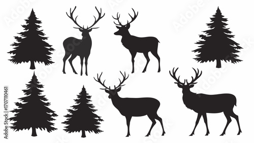Elegant deer and evergreen tree silhouettes for nature-inspired design projects and creative themes