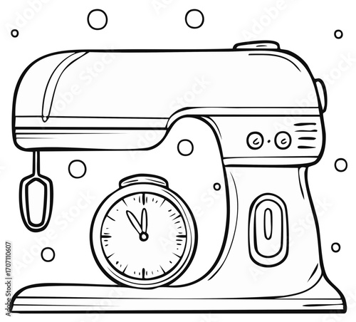Hand Drawn Kitchen Mixer with Timer, Outline Illustration for Coloring Book or Food Design