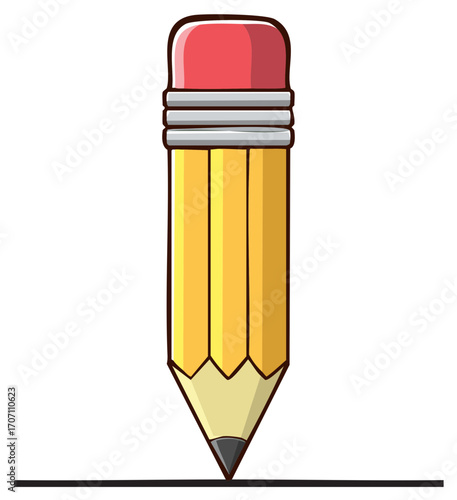 Illustration of a yellow wooden pencil with pink rubber and a dark line against a white background