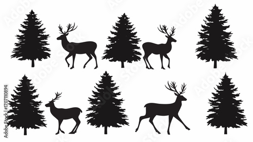 Elegant deer and evergreen tree silhouettes create a stunning forest scene for design projects