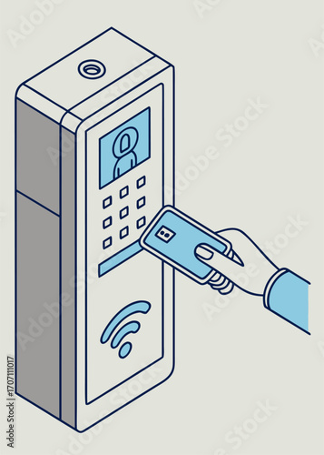 Employee using punch clock card reader, clocking machine time recorder shown in isometric isolated vector symbols for office attendance.