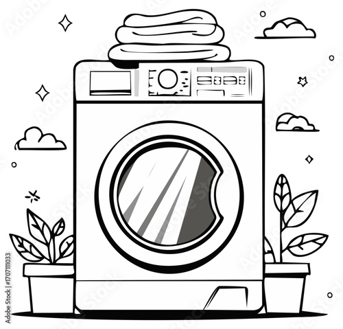 Front loading washing machine with folded clean clothes and potted plants in a cheerful doodle line art style