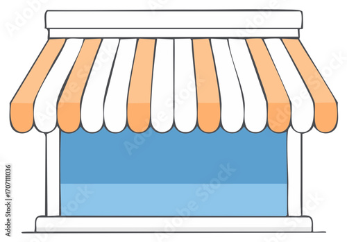 Cartoon illustration of a shop front with a striped awning