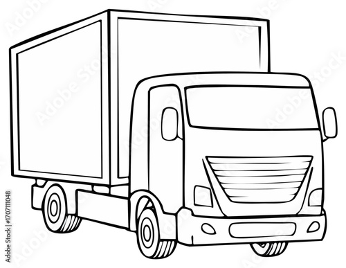 Cargo delivery truck line art illustration. Black and white outline of a lorry for a coloring book page.