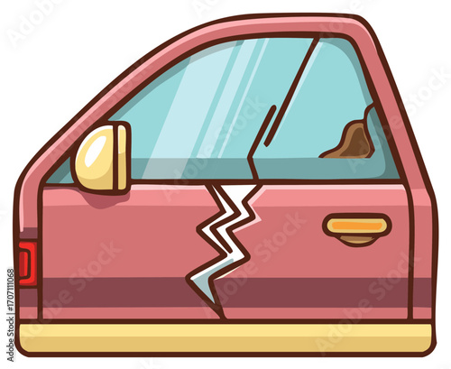 Cartoon car door with a large zigzag crack and dirty window illustrating vehicle damage and accident problems