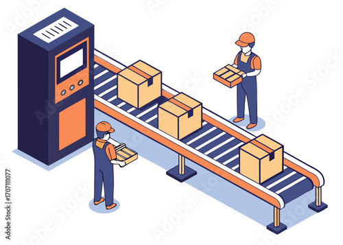 Industry engineer and technicians checking production line equipment, conveyor installation, and warehouse operations, shown in isometric isolated vector illustration.