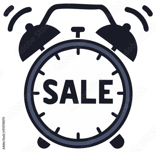 Ringing alarm clock with sale text indicating urgent limited time promotion or special offer