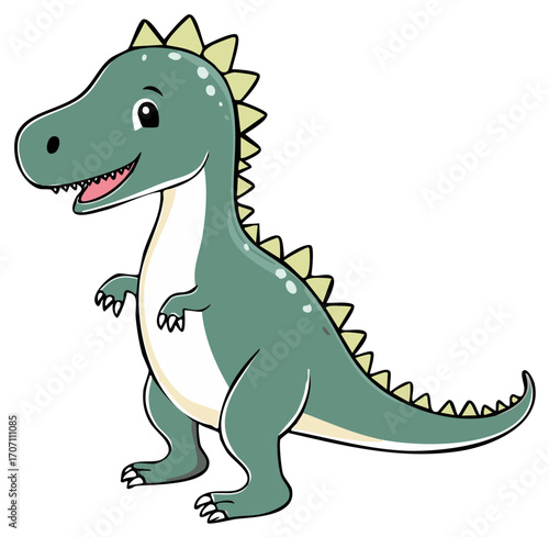 Cute cartoon green dinosaur with spikes and sharp teeth smiling.