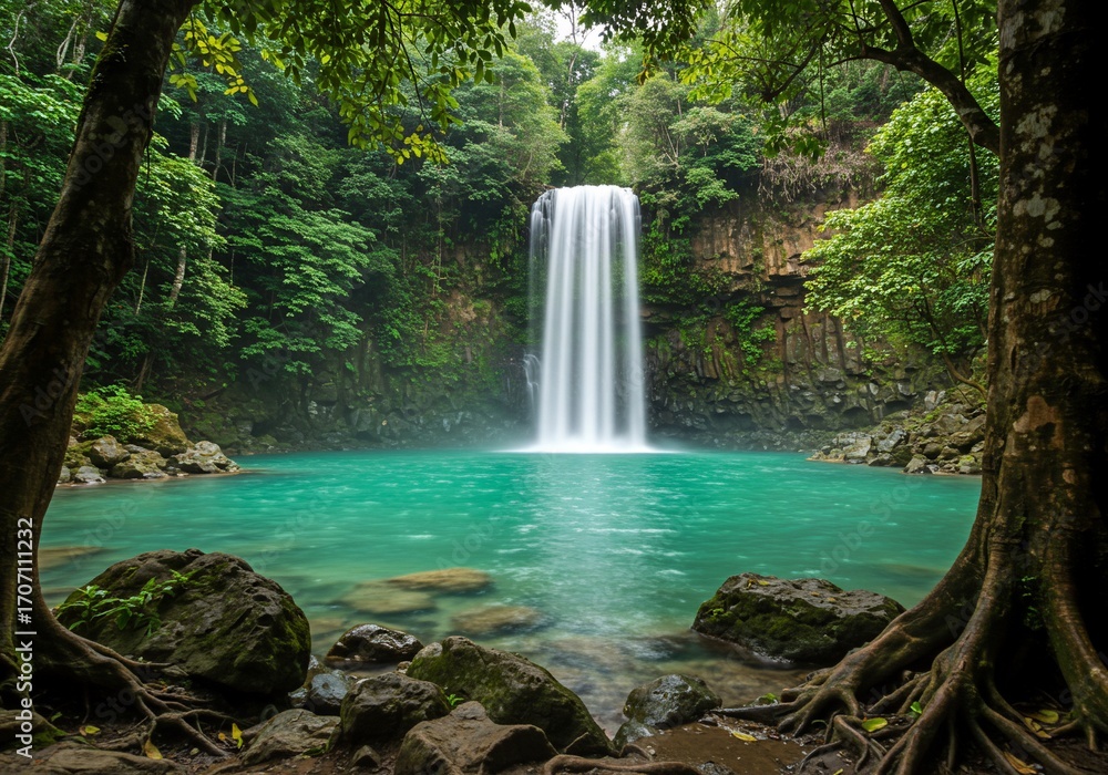 Fototapeta premium Majestic Waterfall Cascading into Turquoise Pool Framed by Lush Greenery and Trees
