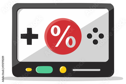Portable game console displaying a sale percentage symbol and directional controls