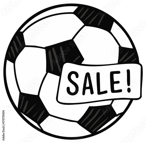 Hand Drawn Soccer Ball With Sale Sign Message Advertising Discount