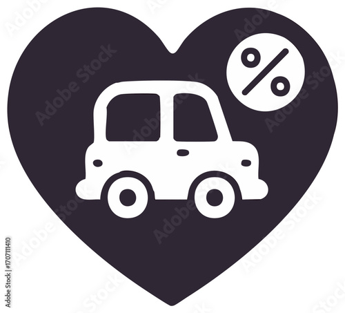 Love for car sales or discounts concept. Vehicle within a heart shape with percentage symbol.