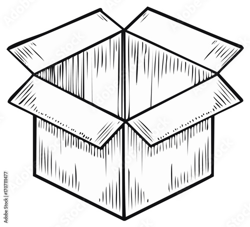 Open Cardboard Box Hand Drawn Illustration, Sketch Style Packaging Container