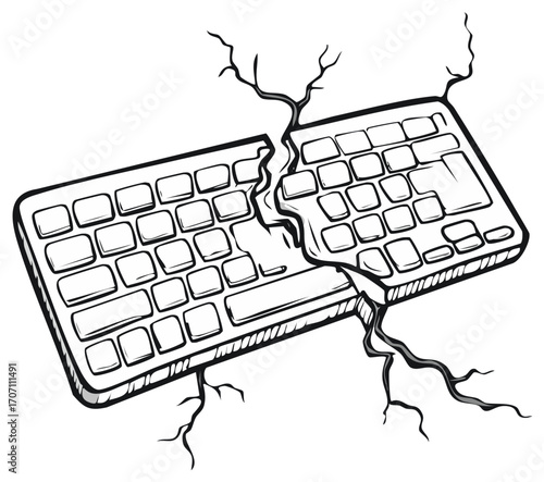 Cracked computer keyboard split in half representing digital breakdown and tech issues