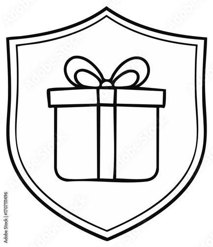 Hand drawn doodle icon of a gift present in a shield for purchase protection