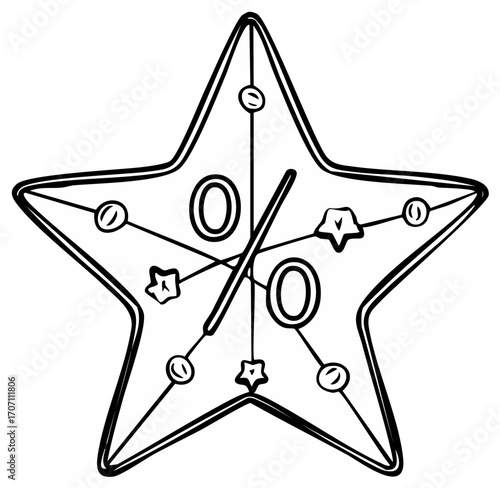 Star-shaped design with circles and stars connected by lines, with letters