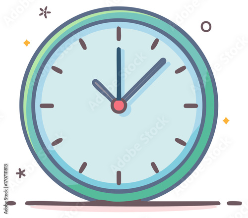 Cartoon illustration of a clock showing time, stylized with a modern design