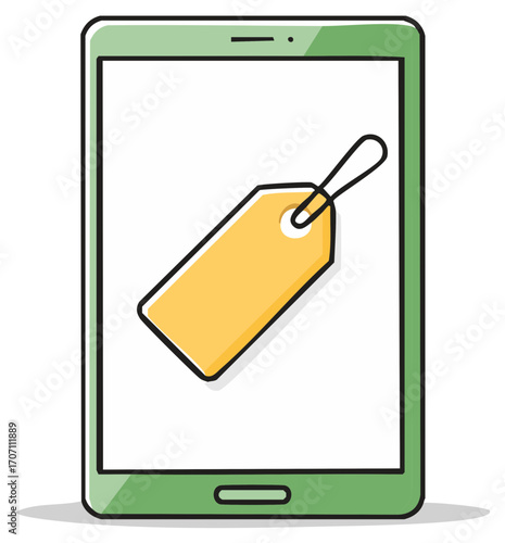Doodle style tablet computer with a price tag icon symbolizing e commerce, online sales, and digital retail