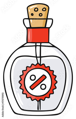 Cartoon bottle of elixir with discount sign.