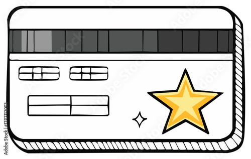 Credit Card with Gold Star Reward: Doodle Style, Line Drawing, Payment Card