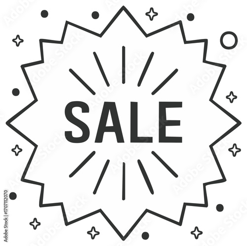 Bold black and white sale burst with stars and dots graphic illustration