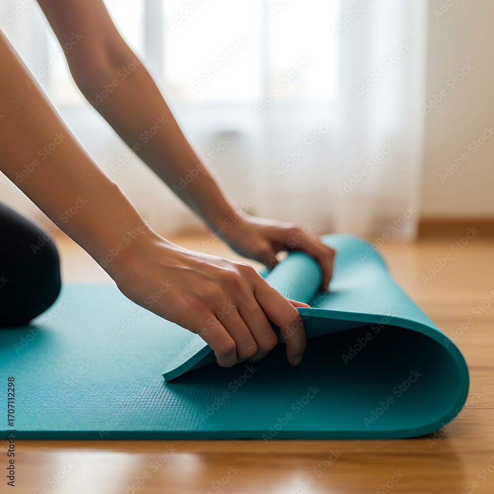 Fototapeta premium Rolling Up a Yoga Mat After Exercise at Home