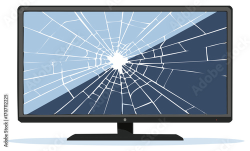 Modern flat-screen television with a shattered display screen and spiderweb cracks