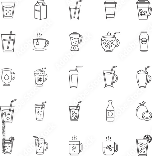 Assorted Drinks and Beverages Vector Line Icon Set