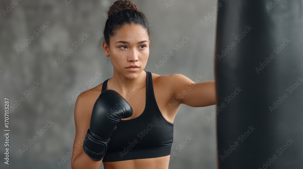 Fototapeta premium Young woman training in boxing, focusing on technique and strength, wearing gloves and athletic wear while hitting a heavy bag in a gym setting