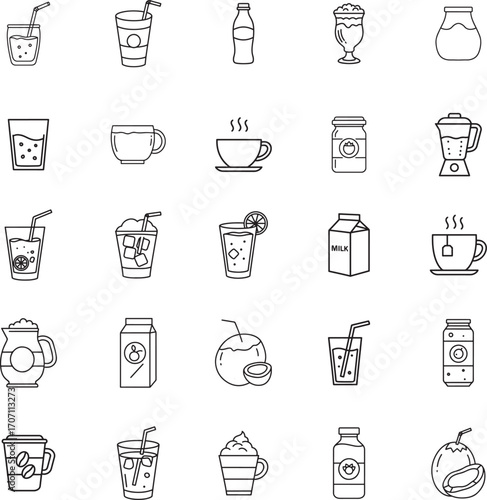 Assorted Drinks and Beverages Vector Line Icon Set