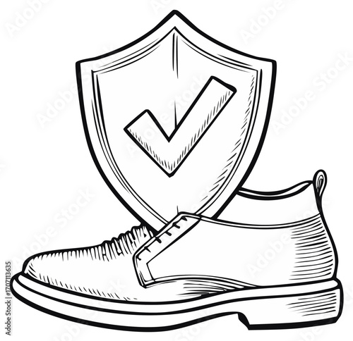 Hand drawn illustration of a shoe with a shield and checkmark symbol indicating protection or approval