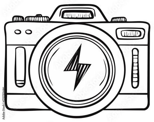 Stylized Camera Outline with Lightning Bolt Flash Symbol Illustration