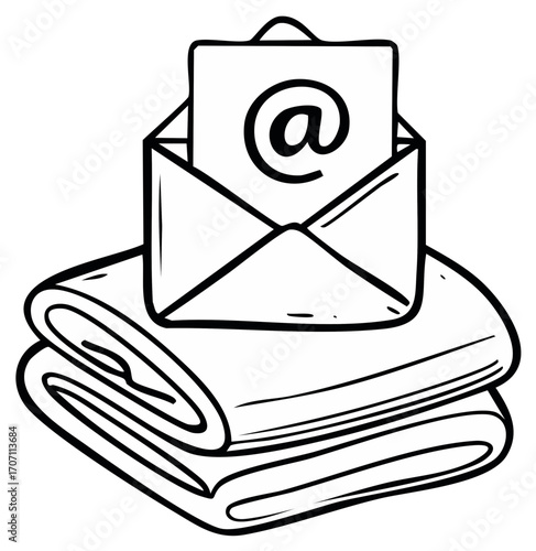 Stylized Envelope with At Sign on Rolled Towels, Doodle Style, Black and White Illustration