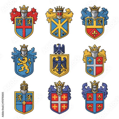 Collection of Heraldic Shields with Helmets and Crests