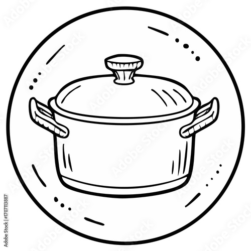 Outline drawing of cooking pot in circle, food preparation, meal creation