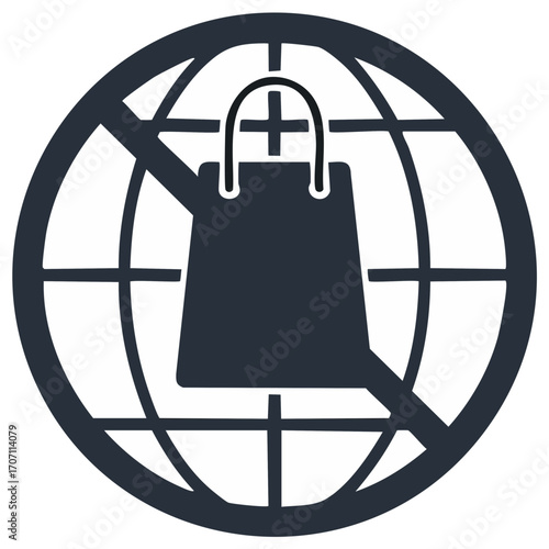 Global shopping bag with a forbidden sign and a cross symbolizing restriction or prohibition