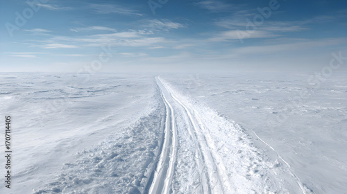 Journey across endless snowfield landscapes with ski tracks Cutting through vast white expanses under soft sunlight reveals winter travel adventure depicting cold serene scenery