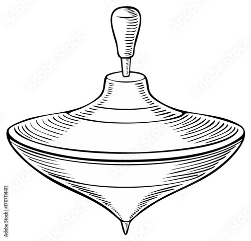 Vintage Spinning Top Toy with Handle Sketch Drawing