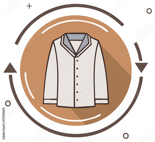 Stylized illustration of a light-colored long-sleeved shirt within a circular frame and directional arrows