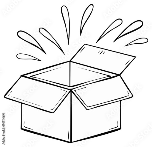 Surprise box with splash hand drawn box packaging, shipping, delivery, gift open present surprise illustration.