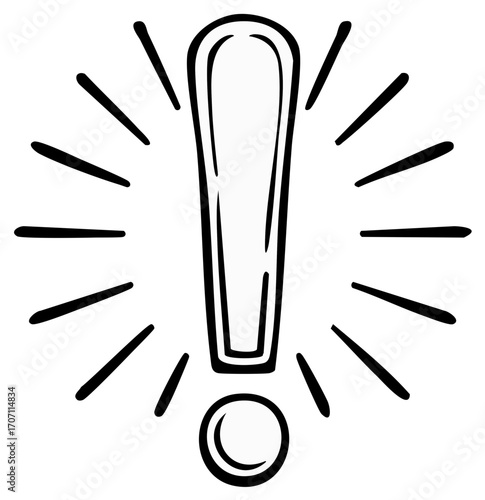Hand Drawn Exclamation Point with Rays, Caution Sign, Attention Symbol
