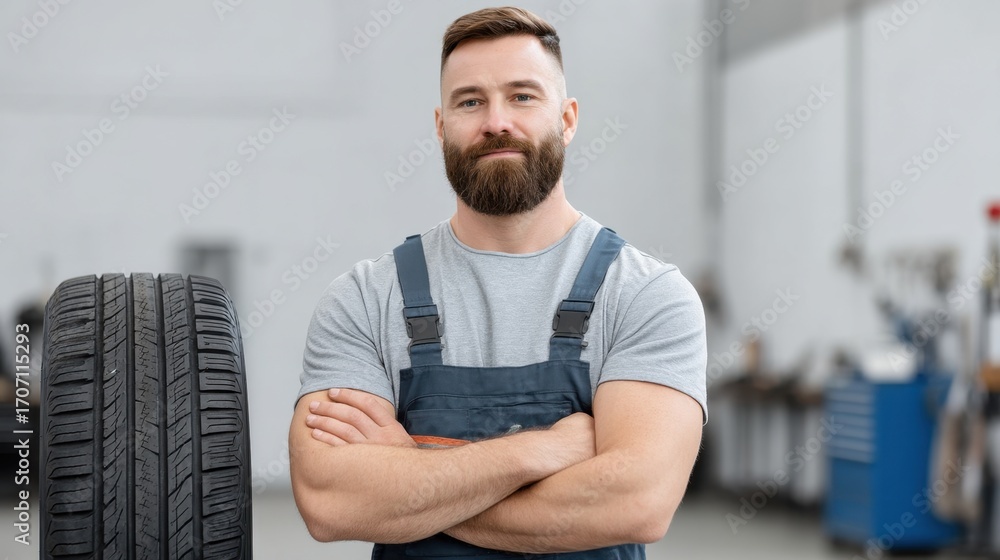 Fototapeta premium Confident Mechanic with Beard in Workshop Standing Next to Tire, Showcasing Automotive Skills and Expertise in Vehicle Maintenance and Repair