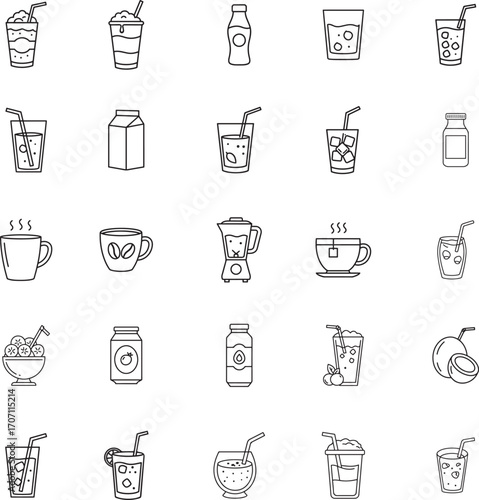 Assorted Drinks and Beverages Vector Line Icon Set