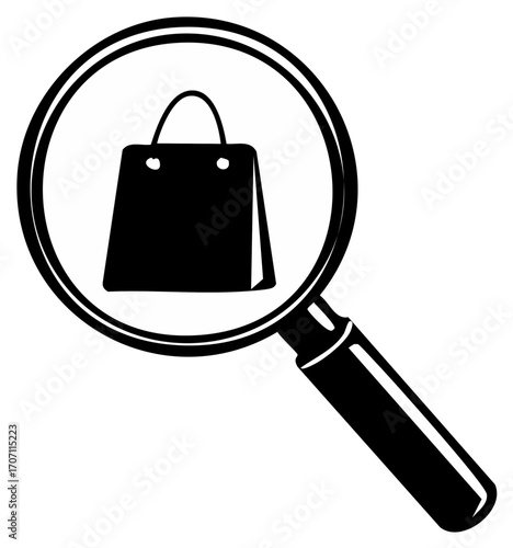 Magnifying glass over a shopping bag icon symbolizing retail search and product discovery