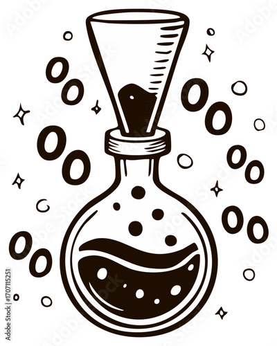 Doodle Chemistry Flask with Bubbles and Stars Illustration