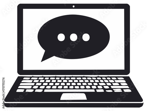 Laptop screen displays a dark speech bubble icon with three dots indicating communication or messaging