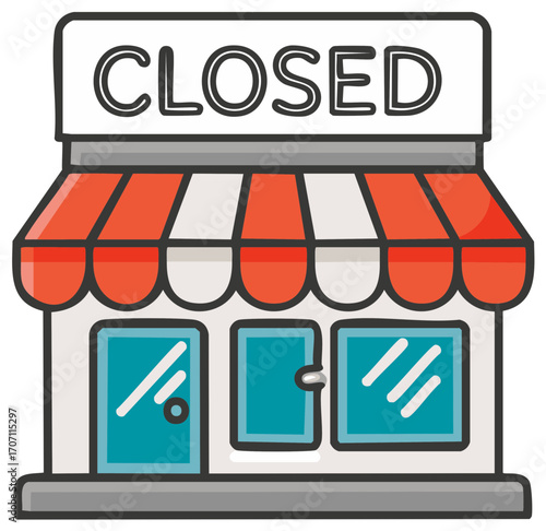Illustration of storefront with closed sign, showcasing a shop with red and white awning and locked turquoise doors