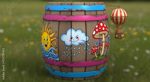 Wooden Barrel with Colorful Cartoon Weather and Mushroom Illustrations in Green Field