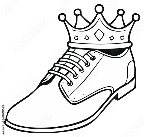 Illustration of a shoe wearing a crown concept of luxury and power and royalty in black and white