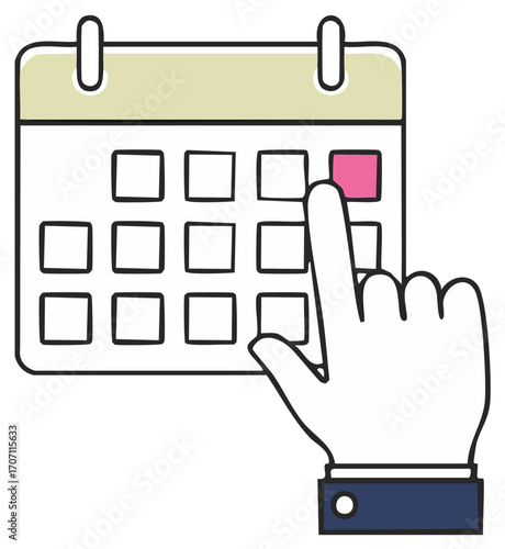 Person selecting a date on a calendar with a finger, symbolizing planning and scheduling.